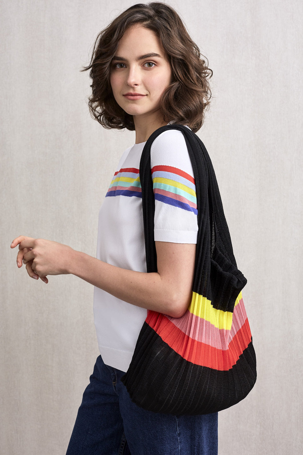 Rainbow Striped Knitted Tote Black | 22 Factor
