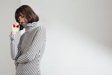 Load image into Gallery viewer, Ember Striped Feather Cashmere Top Light Grey / Charcoal | 22 Factor | ECO-LUXE knitwear 
