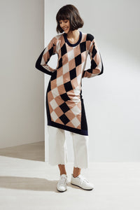 Lucia Asymmetric Argyle Tunic Black| 22 Factor | ECO-LUXE knitwear 