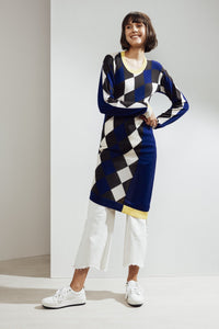  Lucia Asymmetric Argyle Tunic Ultramarine| 22 Factor | ECO-LUXE knitwear 