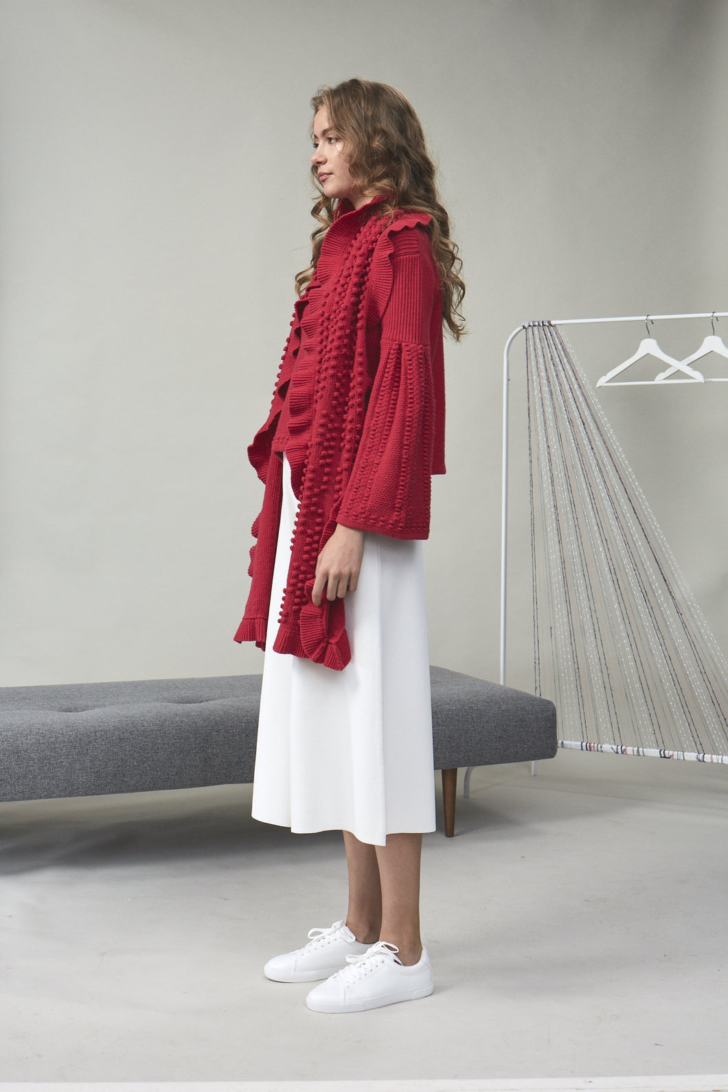 Chloe Bouclé-Tweed Frill Scarf Red | 22 Factor | ECO-LUXE knitwear 