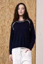 Load image into Gallery viewer, Rhea Crochet Trim Top Navy | 22 Factor | ECO-LUXE knitwear 
