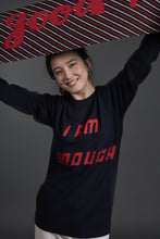 Load image into Gallery viewer, &#39;I am Enough&#39; Intarsia Wool Sweater Navy | 22 Factor | ECO-LUXE knitwear
