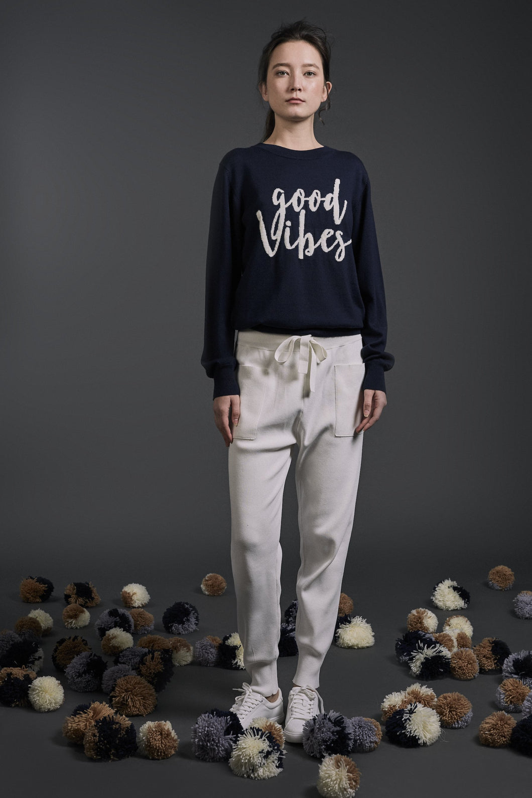 “Good Vibes” Intarsia Wool Sweater Navy | 22 Factor | ECO-LUXE knitwear